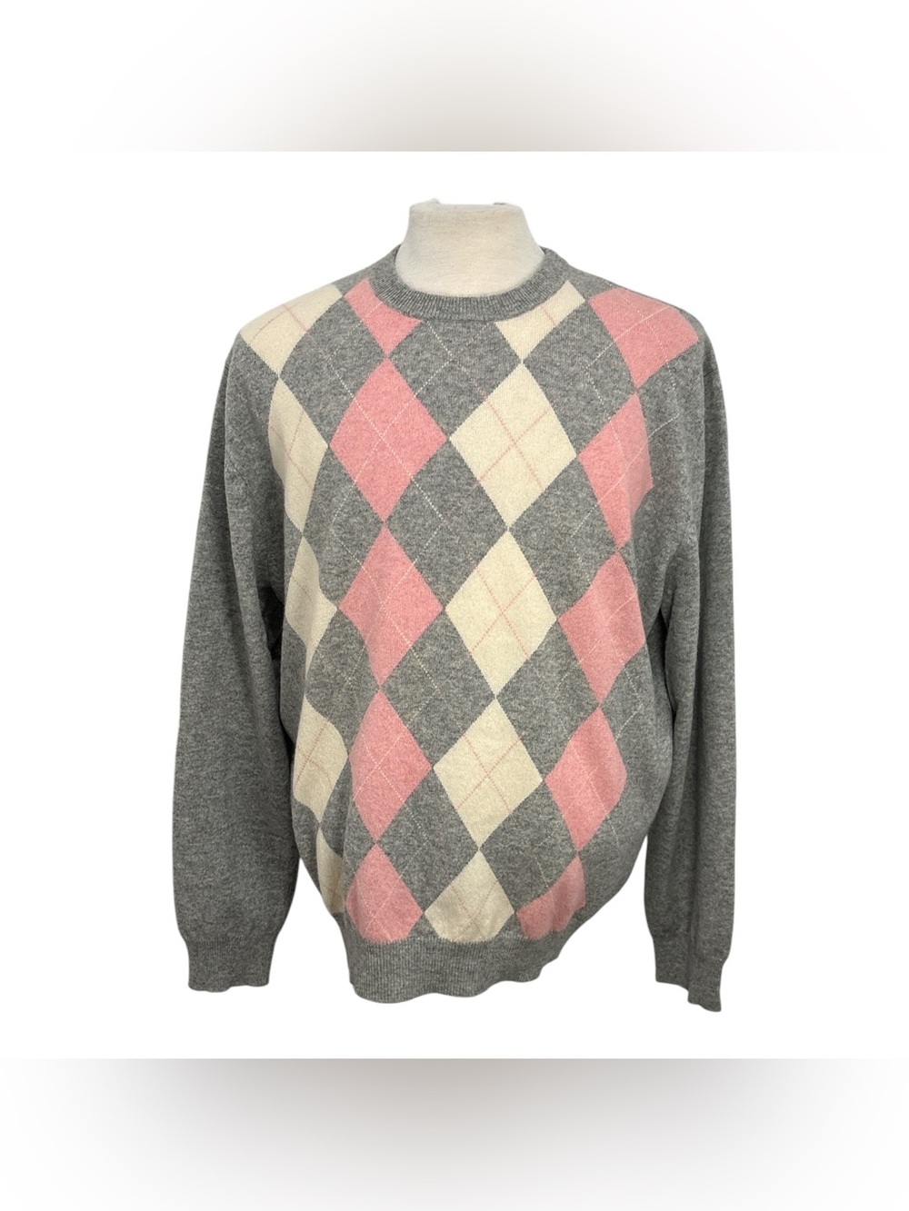 Grant Thomas Cashmere Sweater Men's XL Grey Pink Cream Crew Neck Argyle Pullover